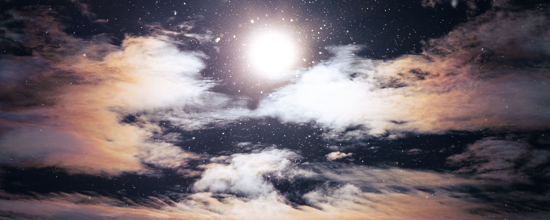 Poplar puffs float in front of cloudy sunny sky