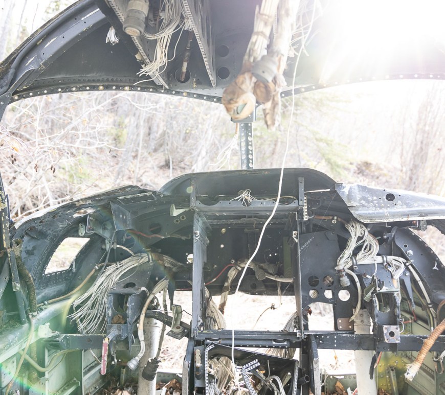 Ruined cockpit of an abandoned airplane.