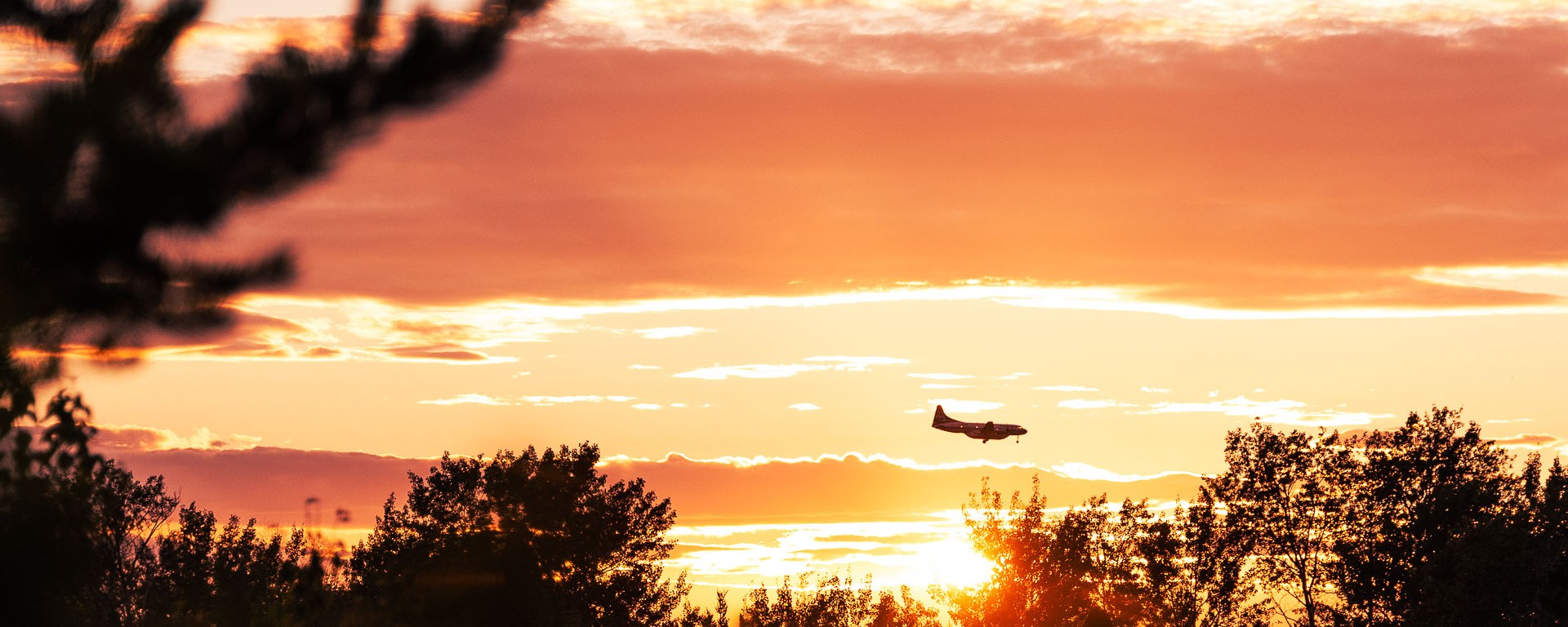 Airplane flying towards a landing at sunset.