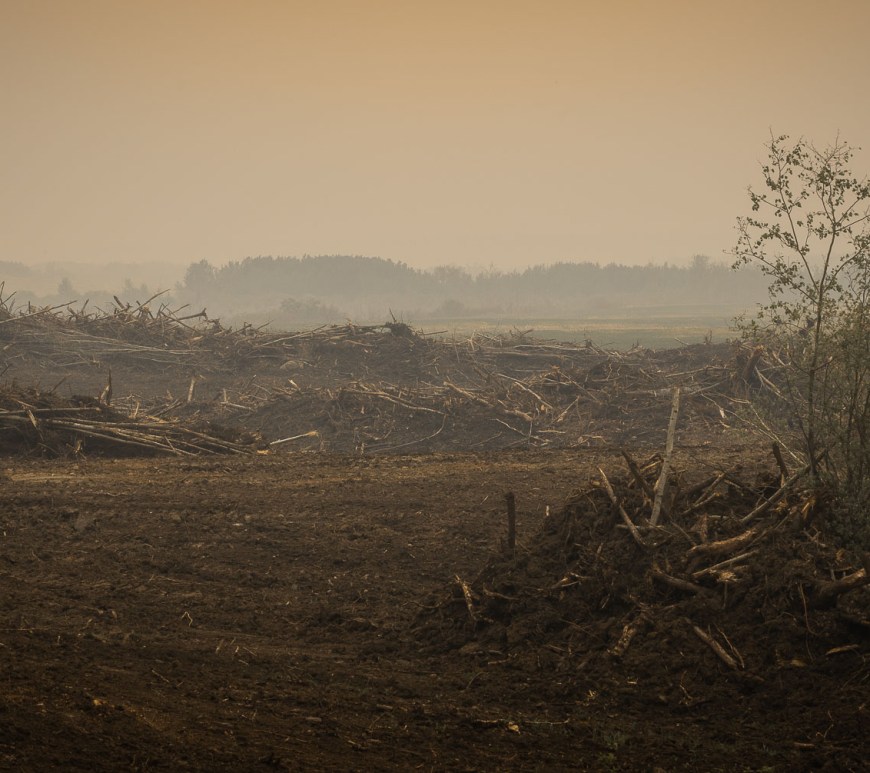 A ruined landscape reaches out into smoky skies.